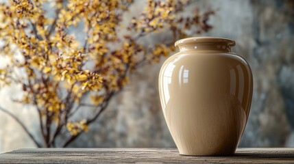 Beige Cremation Urn with Ashes on Wooden Surface with Sunlight Streaming Through Window