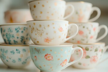 Fototapeta premium Hand-Painted Porcelain Teacups with Intricate Floral Patterns and Gold Accents, Stacked Elegantly in a Vintage Display