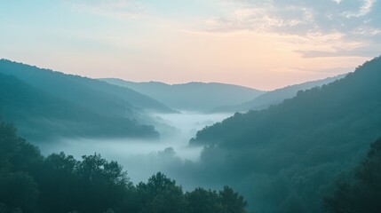 A beautiful mist covers a serene valley at dawn, with gentle hills and soft sunrise colors illuminating the greenery. Generative AI