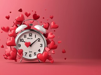 The phrase "time for love" is written inside of a white alarm clock with red hearts flying around it, on a red background with copy space.  Find time for love clock.