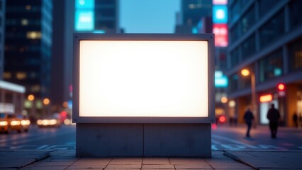 A photorealistic city signage mockup glowing in an evening city setting with blurred urban lights.