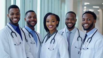 A group of african american healthcare professionals standing together wearing lab coats and stethoscopes in a bright hospital setting, showcasing unity and dedication