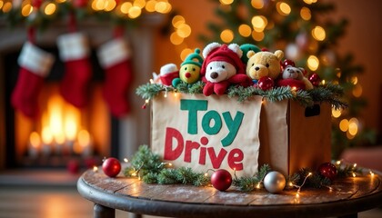 Festive donation box filled with colorful toys for toy drive by a cozy fireplace. Charity toy box