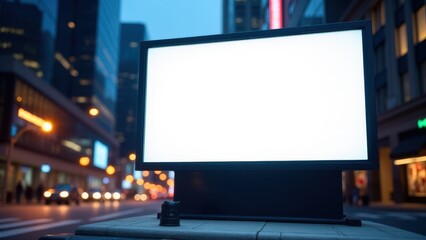Fototapeta premium A photorealistic urban ad board mockup illuminated softly in a vibrant evening cityscape.