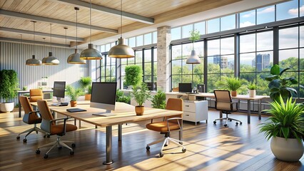 Fototapeta premium Modern Open Office Space, Interior Design, Workspace, Photorealistic, 8K