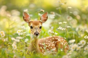 Fototapeta premium Cute Deer Postcard. Baby Bambi Enjoying Sunny Day in Beautiful Summer Grass