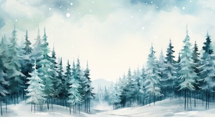 Naklejka premium Watercolor winter woodland landscape with pine trees in a turquoise color palette.