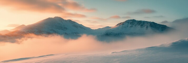 Obraz premium Golden light breaks over snow-capped peaks, illuminating clouds and valleys in a tranquil mountain setting at dawn. Generative AI