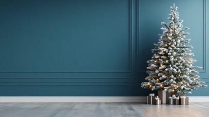 Blue Room Wall Mockup With Christmas Tree and Minimalist Gifts Creating a Modern and Elegant Holiday Interior Design