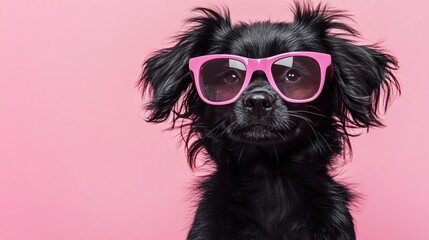 Confident Black Dog Rocks Pink Sunglasses Against a Vibrant Pink Background