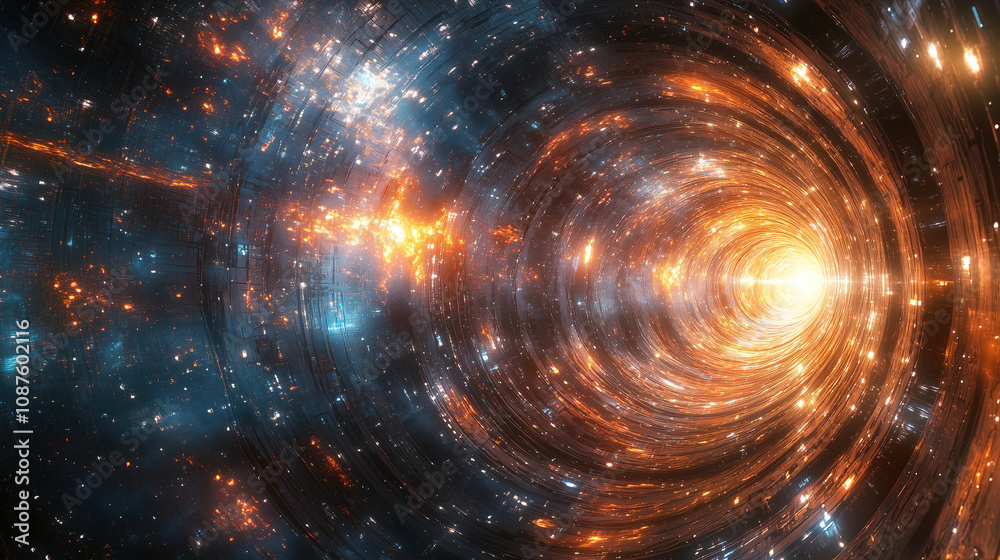 Poster A vibrant view of a cosmic vortex swirling with bright colors, illuminating the vastness of space during an interstellar journey. Generative AI