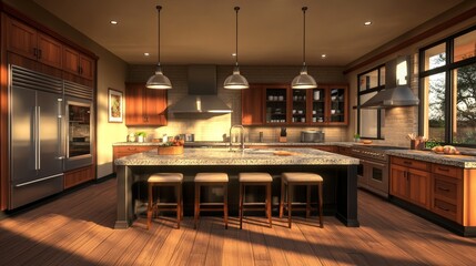 Upscale Kitchen with Steel Appliances and Large Island