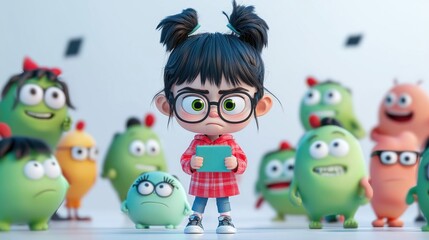 Naklejka premium A young girl stands confidently amidst colorful, quirky creatures.