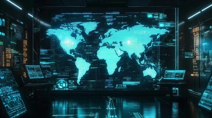 Live Holographic World Map in a Futuristic Digital Control Room
