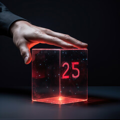 Hands holding a glass cube, inside which the numbers “25” glow red.