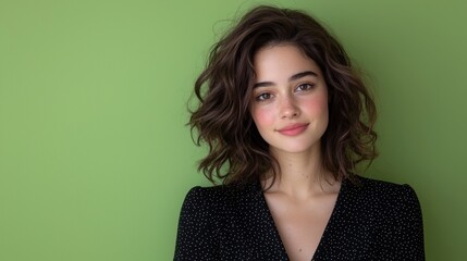 A woman with short hair and a black dress is smiling for the camera