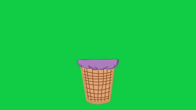 Looping Animation of Dirty Clothes Falling into Laundry Basket with Green and White Backgrounds