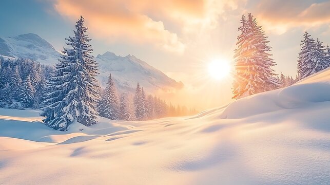 Fantastic winter landscape during sunset. Colorful sky glowing by sunlight. Dramatic wintry scene. Snow-covered trees under warm sunlight. Sunlight sparkling in the snow. Splendid Alpine winter.