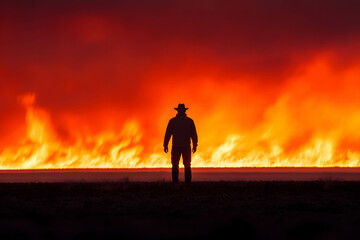 Farmer standing in a smoky field, the backdrop showing burning crops with dramatic orange flames and grey smoke rising into the sky