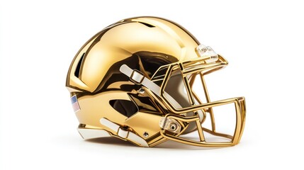 Fototapeta premium Stylish gold football helmet isolated on white background, perfect for sports-themed projects and branding