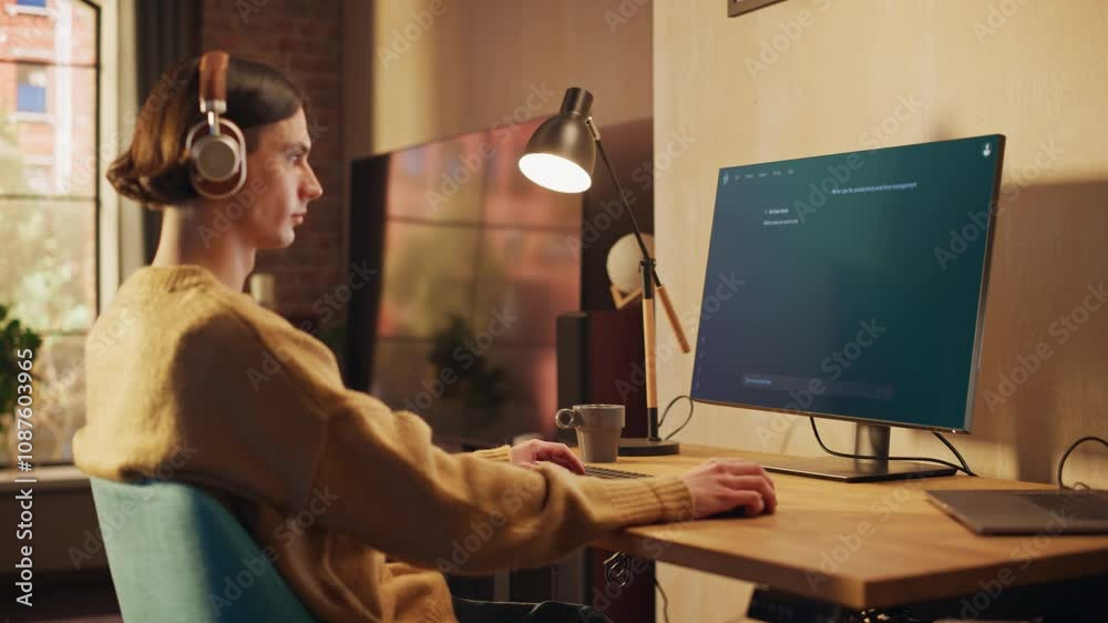 Poster Young Man Works on Computer With an AI Chatbot Interface, Displaying Generated Text. Innovative Technology with Intelligent Virtual Assistance Helps Designing and Enhancing Productivity