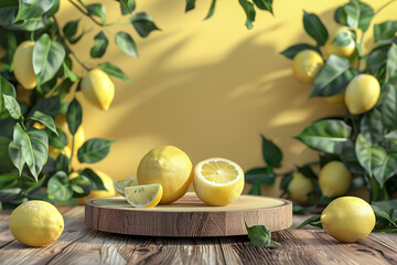 Podium lemon vitamin stand background pedestal presentation food stage, freshness and simplicity concept.