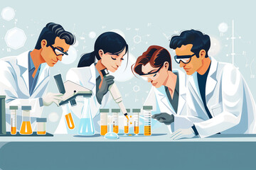 A group of scientists are working together in a lab. They are all wearing white lab coats and are focused on their work.