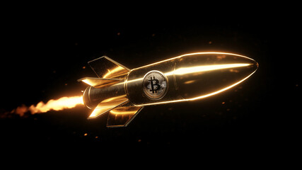 Obraz premium Golden Bitcoin Rocket Launching into Space, Representing Cryptocurrency Growth and Financial Innovation