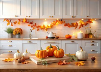 Modern White Kitchen Decorated for Fall with Bokeh Effect and Orange Pumpkins