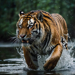 Naklejka premium A powerful tiger strides purposefully through water in a dense jungle, its fur glistening as droplets fly around. The vibrant greenery surrounds this magnificent creature, Generative AI