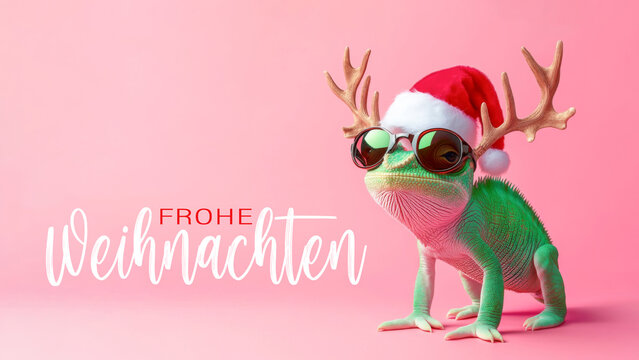 Frohe Weihnachten Urlaub Winter Gru&szlig;karte mit deutschem Text - Cooles lustiges Cham&ouml;leon Haustier mit Weihnachtsmannm&uuml;tze und Sonnenbrille, isoliert auf pinkem Hintergrund