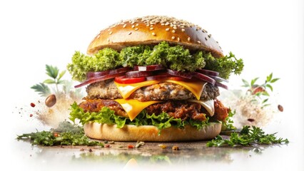 Mouthwatering Non-Veg Burger Top View on White Background for Culinary Lovers