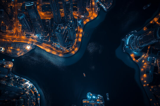 Aerial view of Dubai at night seen from Burj Khalifa   