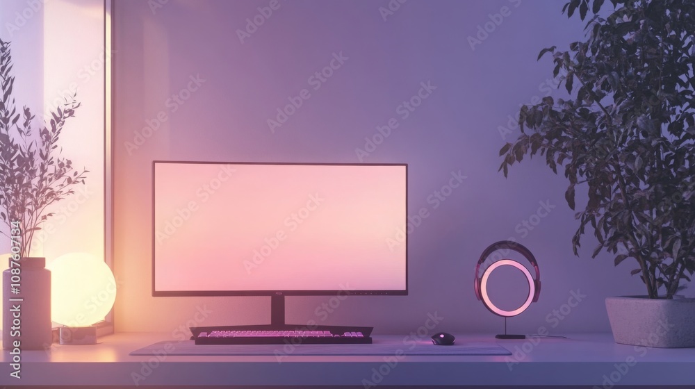 Poster a modern desk is shown bathed in soft pink and purple light. a large curved monitor sits centrally, 