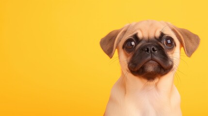 A small pug puppy dog on the bright yellow background with copy space.