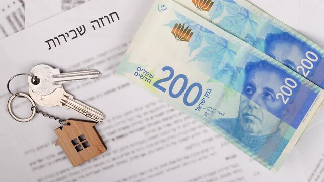 Rental or Residential Lease agreement, Shekels money cash, and house keys. Short and long term rentals, housing searching crisis in Israel, signing contract, and rising prices.