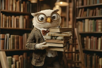 wise owl wearing glasses in a library holding books, dressed in a tweed jacket with a bow tie