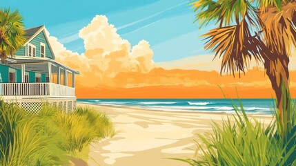 Obraz premium South Carolina Beach Vacations and weekend getaways illustrated in a travel guide infographic, highlighting popular destinations like Kiawah Island and Isle of Palms