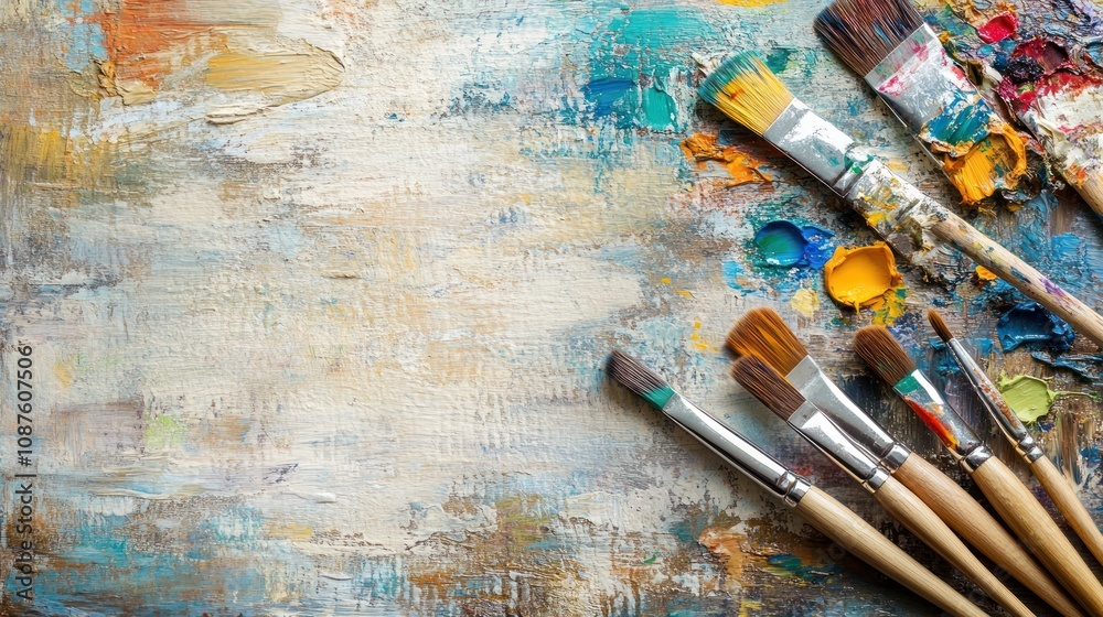 Aufkleber A collection of paintbrushes on a textured canvas, showcasing artistic tools and colors.