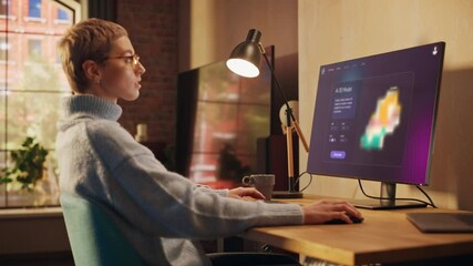 Creative Young Woman working on Her Clothing Brand Uses an AI Image Generation Interface on a Computer. Screen Displays AI generated Image of Sneaker. Creative Digital Artist and Ai Chatbot Design