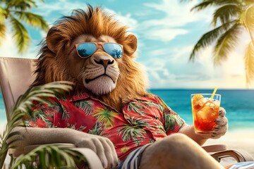 tropical lion relaxing on a beach chair wearing sunglasses and a Hawaiian shirt, enjoying a cocktail under palm trees