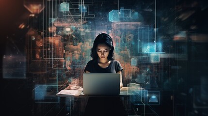 double exposure of digital data and a woman working on a laptop, space on the left side, Hard Light,generative ai illustration