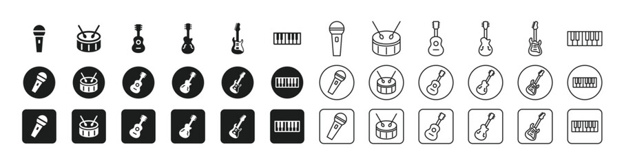 Band instrument icon set (mic, guitar, bass, drums, keyboard)
