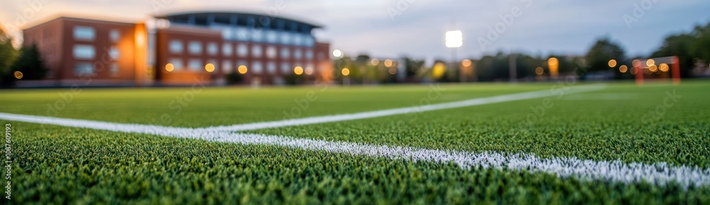Poster A close-up view of a sports field with artificial grass and a building in the background.