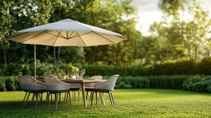 Obraz premium Modern outdoor table and chairs on a grassy lawn, set under a large umbrella for a cozy garden dining experience.