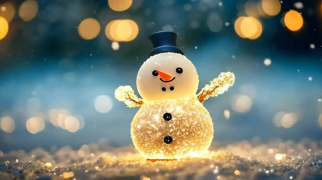 Sparkling snowman with magical bokeh lights on wintry night