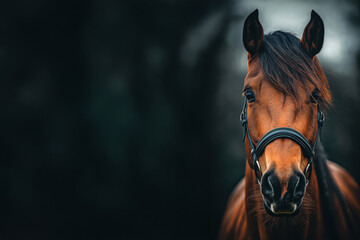 Close-up portrait of a chestnut horse with a bridle against a dark blurred background