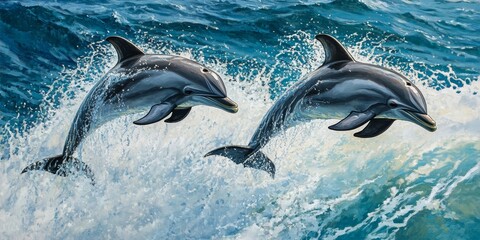 Fototapeta premium Two dolphins gracefully leap from the sea, showcasing their playful nature as they jump from the shimmering waves, bringing joy and wonder to those who witness these dolphins in action.