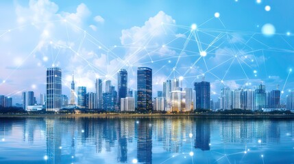 Obraz premium A cityscape at dusk with a glowing network of lines and dots above it, reflecting in the water.