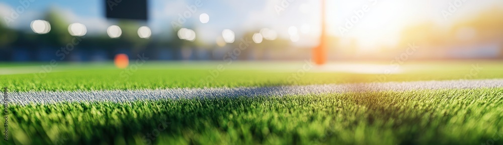 Aufkleber close-up view of a sports field with vibrant green grass and goalposts in the background.